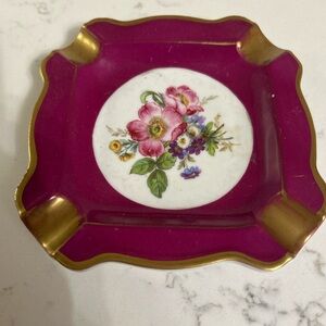 Vintage Bavaria Pink Porcelain Ashtray Trinket Dish w/ Gold Trim & Floral Center